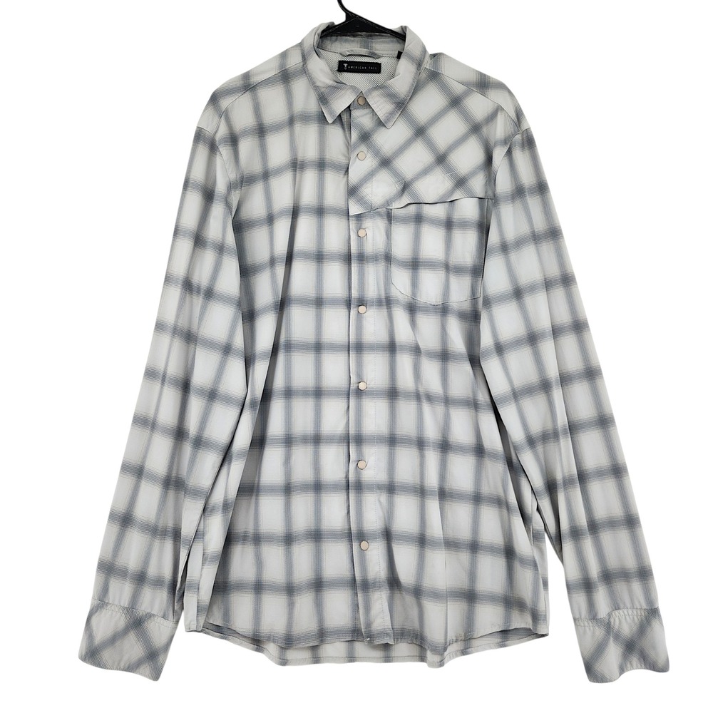 American Tall Plaid Snap Up Shirt L Tall Men‎ Gray Nylon Stretch Long Sleeve